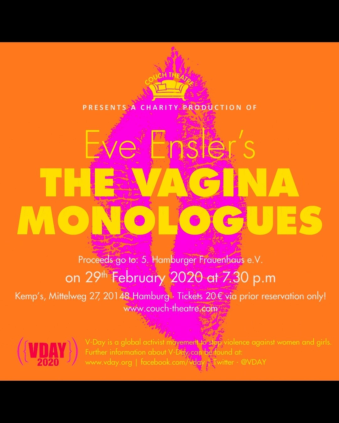 V-DAY 2020. Couch Theatre presents The Vagina Monologues by Eve Ensler. In English.